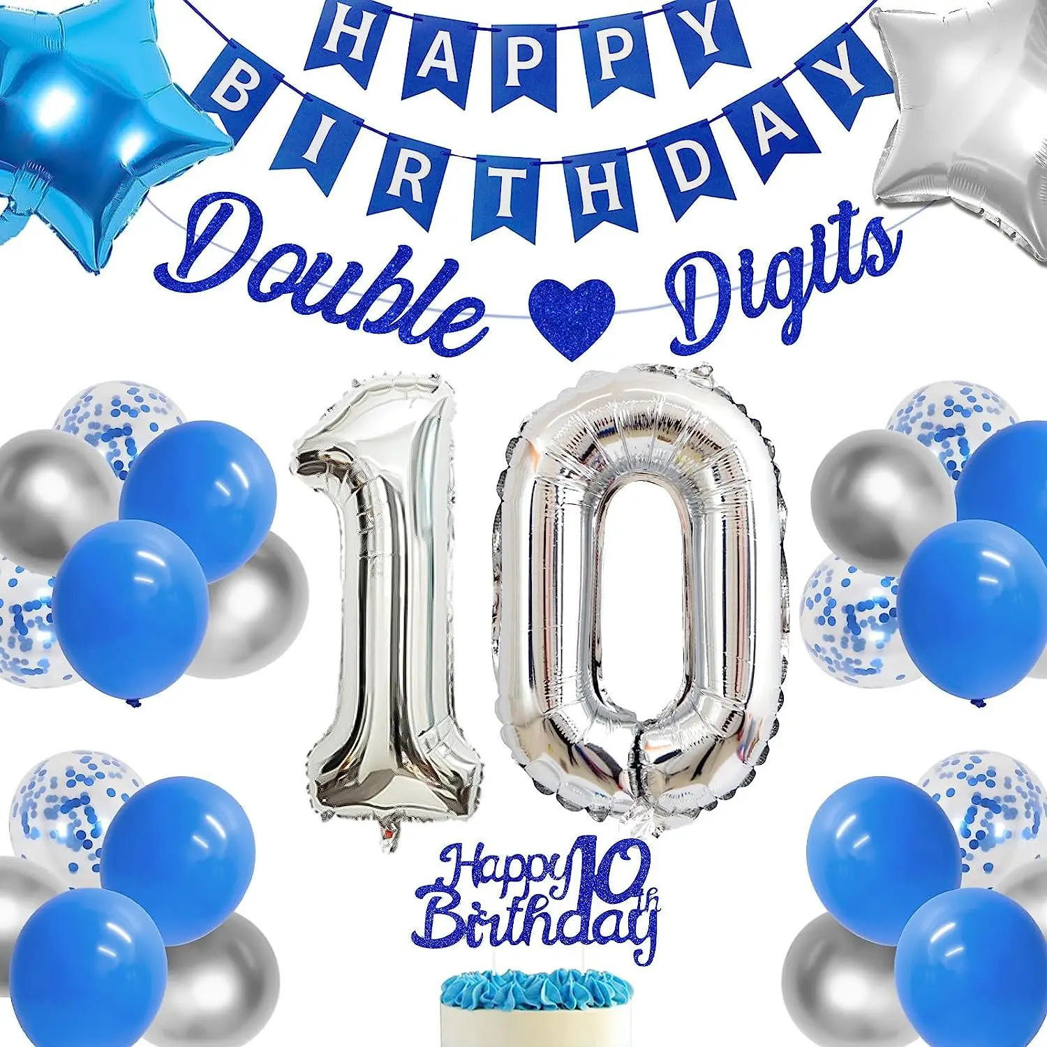 

Blue 10th Birthday Decorations Boys Double Digits Happy Birthday Banner Number 10 Foil Balloon for 10 Year Old Birthday Party