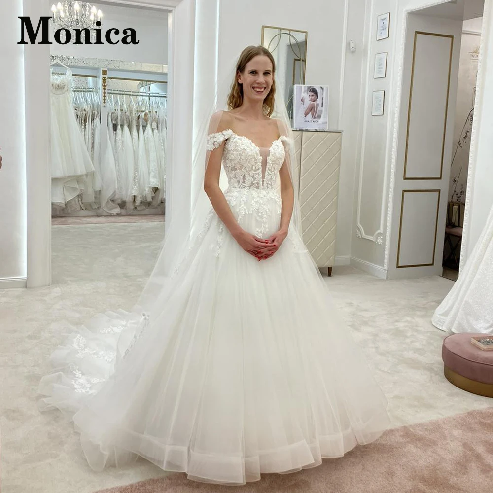 

MONICA Trendy V-Neck Wedding Dresses 2023 Bride Backless Off The Shoulder Tulle A-LINE Appliques Court Train Robe De Mariée