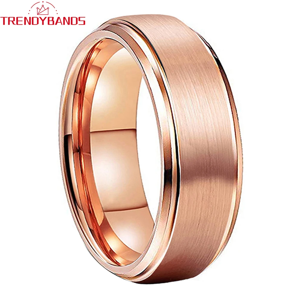 

6mm 8mm Mens Womens Finger Jewelry Tungsten Carbide Engagement Ring Rose Gold Wedding Band Stepped Beveled Edges Comfort Fit