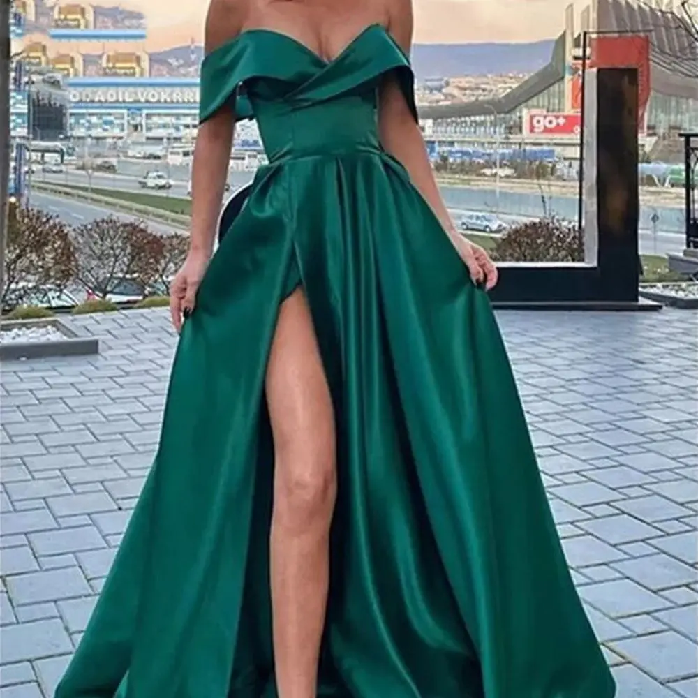 2022 Elegant Off the Shoulder Emerald Green Satin Long Prom Dresses with Leg Slit V-neck Floor Length Arabic Evening Gowns