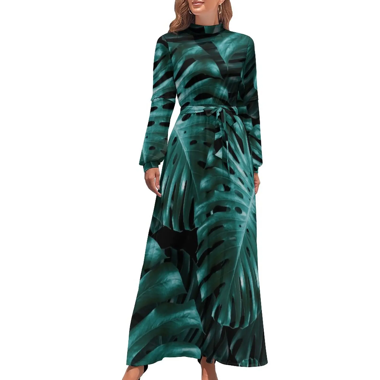 

Jungle Night Leaf Dress Tropical Monstera Elegant Maxi Dress Street Fashion Bohemia Long Dresses High Neck Graphic Vestidos