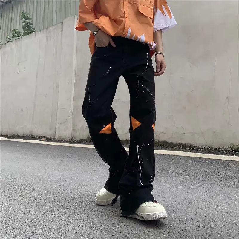 2022 Vibe Style Zipper Design Black Streetwear Men Flare Jeans Pants High Street Casual Loose Y2K Hip Hop Denim Trousers Spodnie