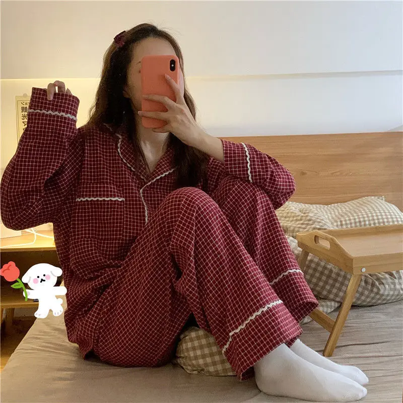 Japanese Pajama Women Long Sleeved Autumn Winter Sleepwear Set Red Plaid Pyjamas Girls Home Clothes for Female 2021 Homewear