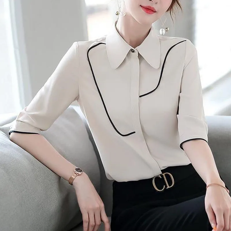 Elegant Fashion Office Ladies Clothes 2023 New POLO Collar Single Breasted Tops Women Slim Half Sleeve Formal White Shirt