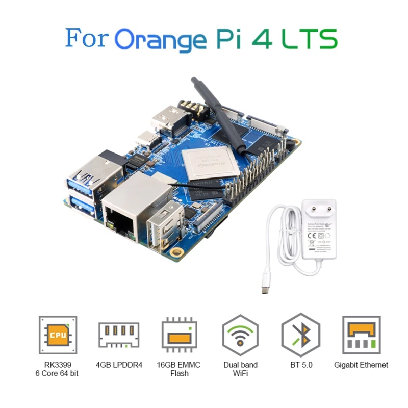 

Плата разработки EMMC для Orange Pi 4 LTS 4 Гб + источник питания постоянного тока 5V4A RK3399 16 Гб для изображений Android/Ubuntu/Debian