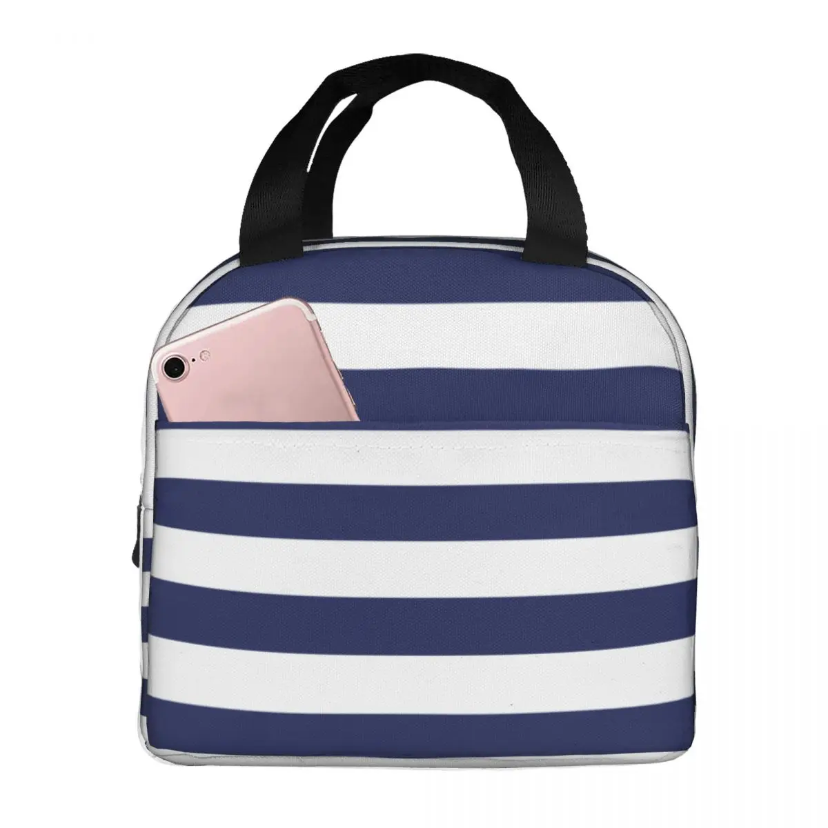 Navy Blue And White Stripes Lunch Bag Portable Insulated Canvas Cooler Bag Thermal Cold Food Picnic Tote for Women Girl