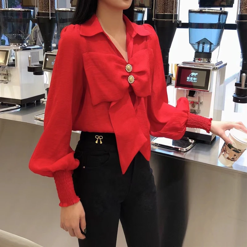 

Korean Bow Diamonds womens tops and blouses Spring Summer Fashion Lantern sleeve Female Shirt Solid Streetwear 2022 INKEO 1T122