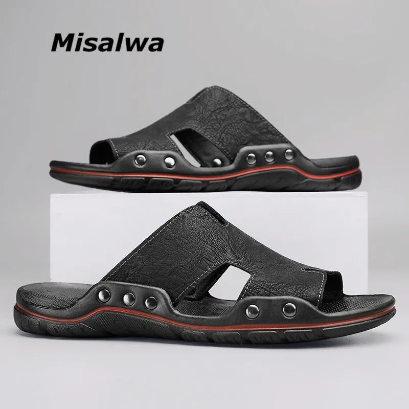 

Misalwa Rivet Leather Men Slippers Holiday 38-48 Size Handcraft Casual Men Slippers Beach Outdoor Water Travel Shoe Men Flats