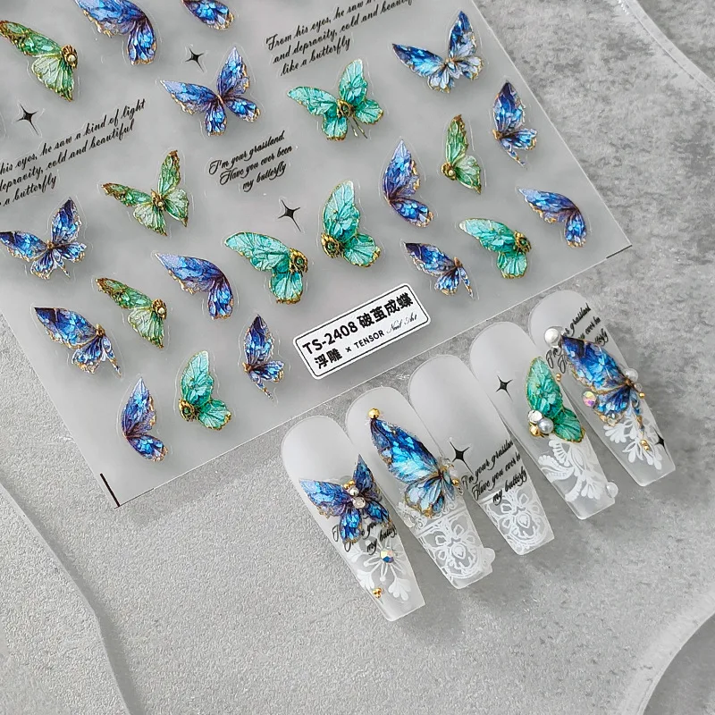 

5D Acrylic Engraved Butterfly Nail Sticker Green Blue Butterfly Design Self-Adhesive Nail Sliders Manicures Wraps Embossed Decal