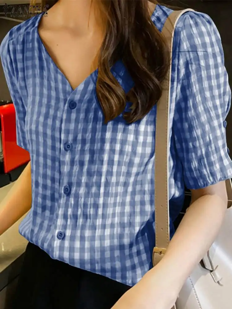 Fashion Check Tops Women Summer Blouses ZANZEA 2022 Casual Plaid Tunic Female V Neck Blusas Oversized Chemise Short Sleeve Tunic
