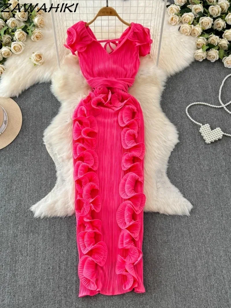 Женское элегантное платье женская одежда с V-образным вырезом и коротким рукавом