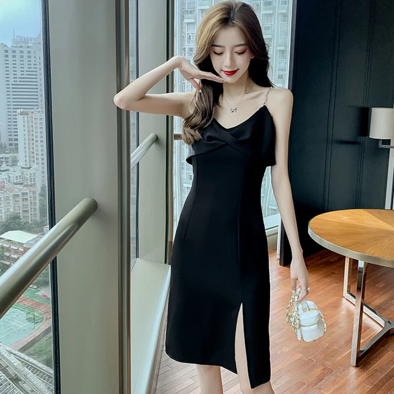 

Women Black Sling Sexy Club High Slit Dress 2023 Summer Korean Vintage Party Midi Dress Elegant Bodycon Solid Casual Chic Dress