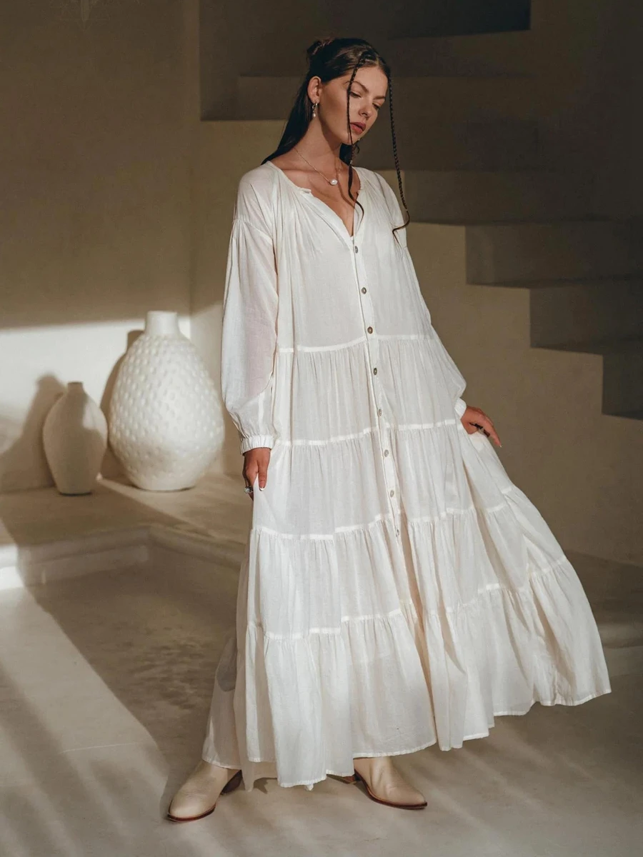 

Летнее женское богемное платье-трапеция Combhasaki в стиле девушки Мори, длинный однотонный пляжный сарафан свободного кроя с длинным рукавом, пуговицами спереди и V-образным вырезом