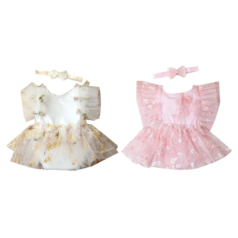 

57EE Infant Photography Props Lace Romper Bowknot Headdress Baby Photo Suit Photoshooting Props Clothes Newborns Shower Gift