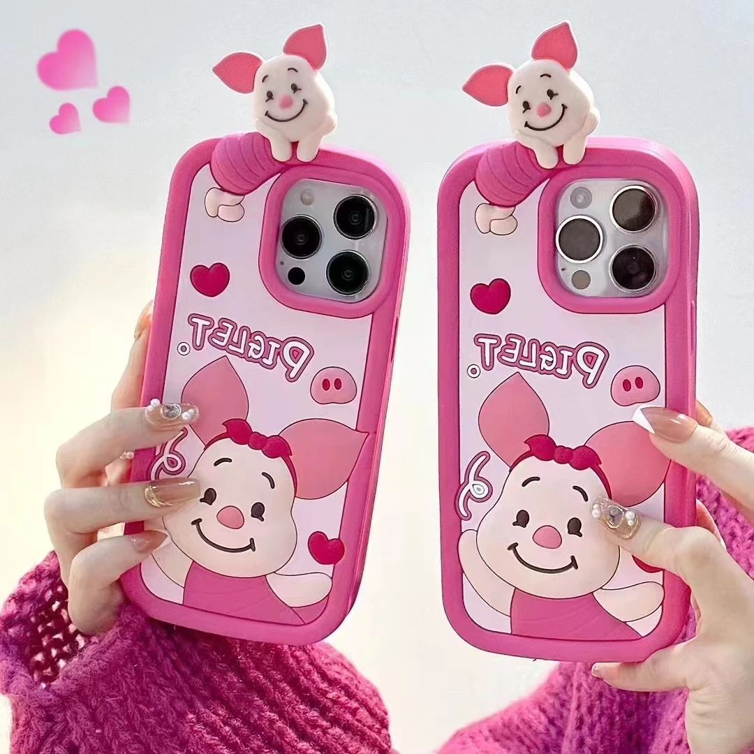 

NEW Disney Piglet Pink Lie Down 3D Stereoscopic Phone Cases For iPhone 14 13 12 11 Pro Max Mini XR X XS MAX 8 7 Plus Back Cover