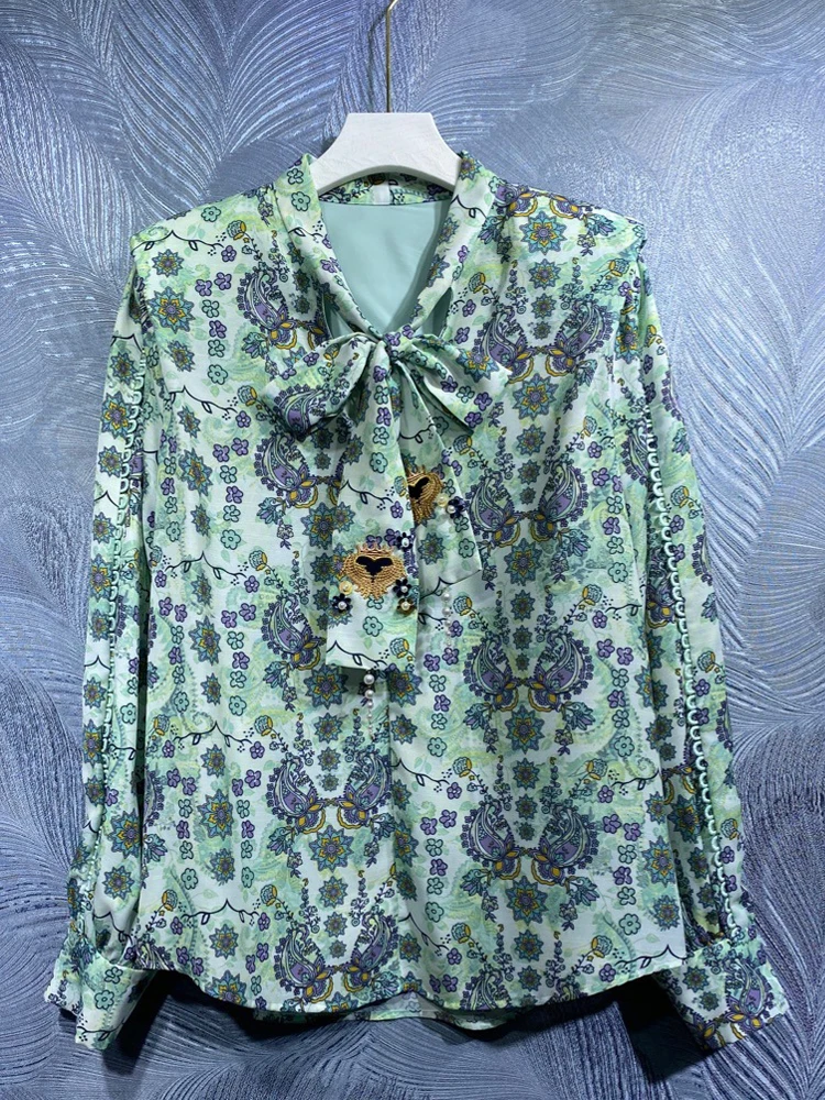 

Red RoosaRosee Top Quality Spring Summer 2022 Designer Women Bow Beads Collar Green Floral Print Long Sleeve Blouse Female Shirt