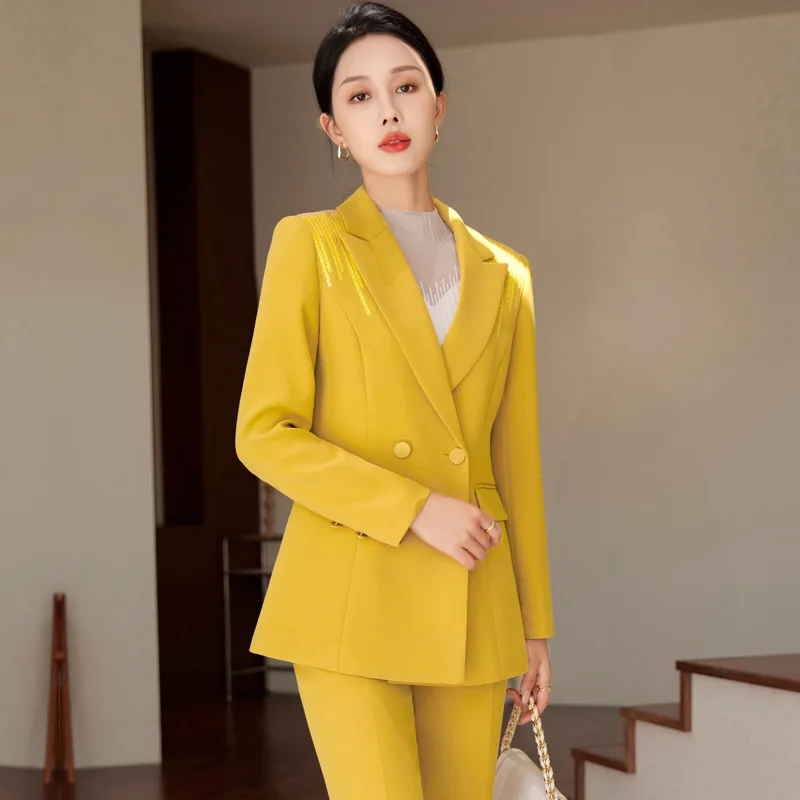 Kohuijoo Yellow Blazer Pants Set Woman 2 Pieces Autumn Korean Clothing Elegant Fashion Long Sleeve Professions Women's Pantsuit