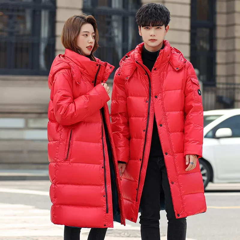 New2022 Red Winter Coat Men's Women  90% White Duck Down  Thick （Winter) Warm X-Long  Jacket  Fashion Hooded Cold Resistan