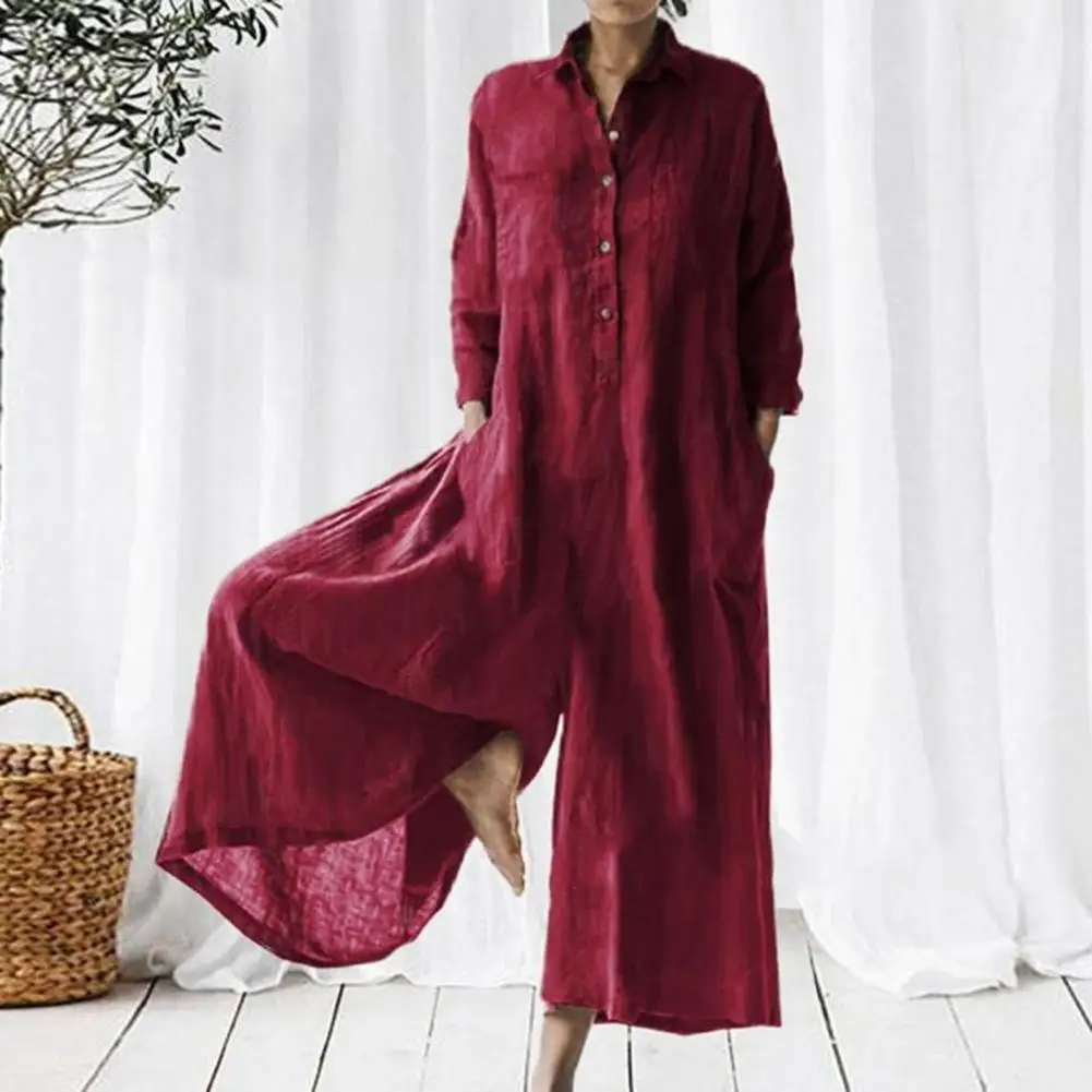 

Женский Повседневный длинный комбинезон, элегантный комбинезон с длинным рукавом, свободный однобортный комбинезон с широкими штанинами и карманами