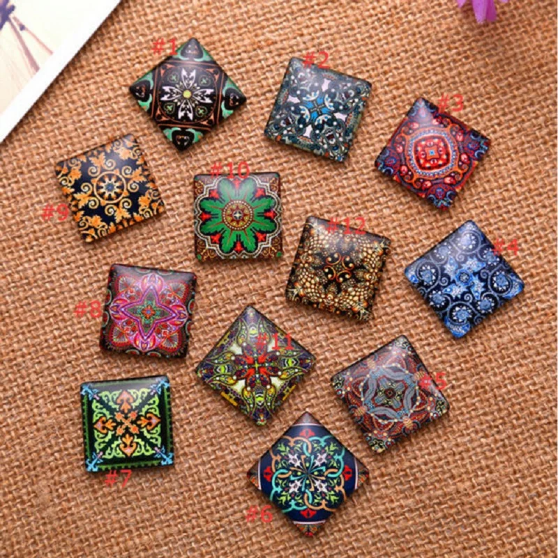 

10mm 15mm 20mm 25mm Decorative Pattern Square Handmade Cabochons Glass Demo flat back Jewelry Making findings Pendant Settings