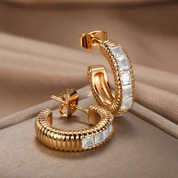 korean fashion c shaped zircon hoop earrings for women geometric stud earrings luxury elegant party jewelry gift