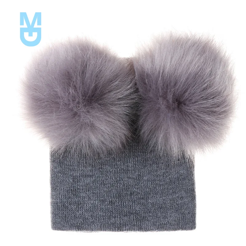 

New Cute Baby Kids Winter Hat Knitted Warm Double Fur Pompom Caps Beanies Boys Girls Pom Pom hats Children Solid Cap Bonnet Gorr
