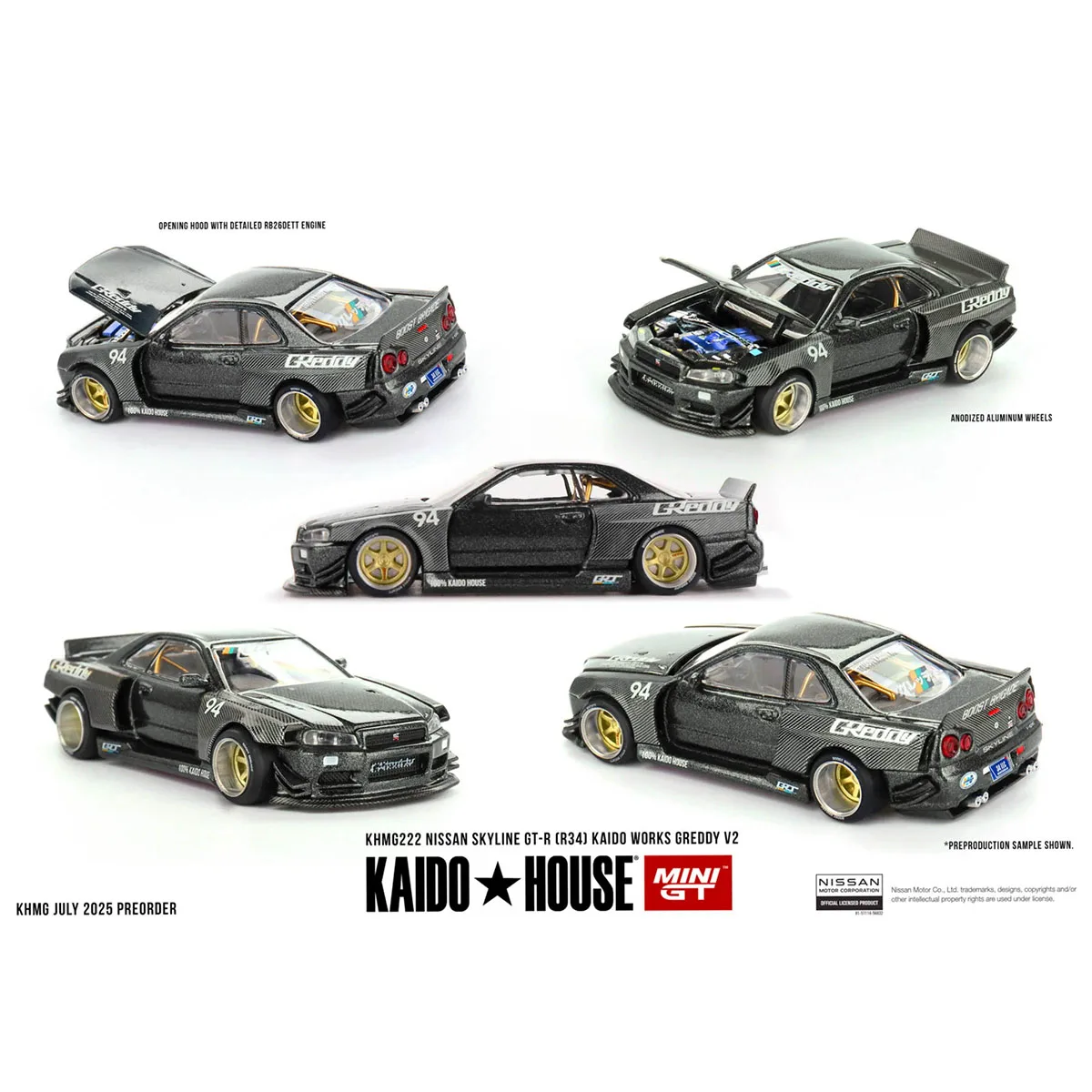 Миниатюрная модель автомобиля Mini GT x Kaido House 1:64 Nissan Skyline GT-R R34 Kaido Works Greddy V2 из полностью карбонового сплава # KHMG222 В наличии (art.: 3920db8259ddc) - 3920db8259ddc