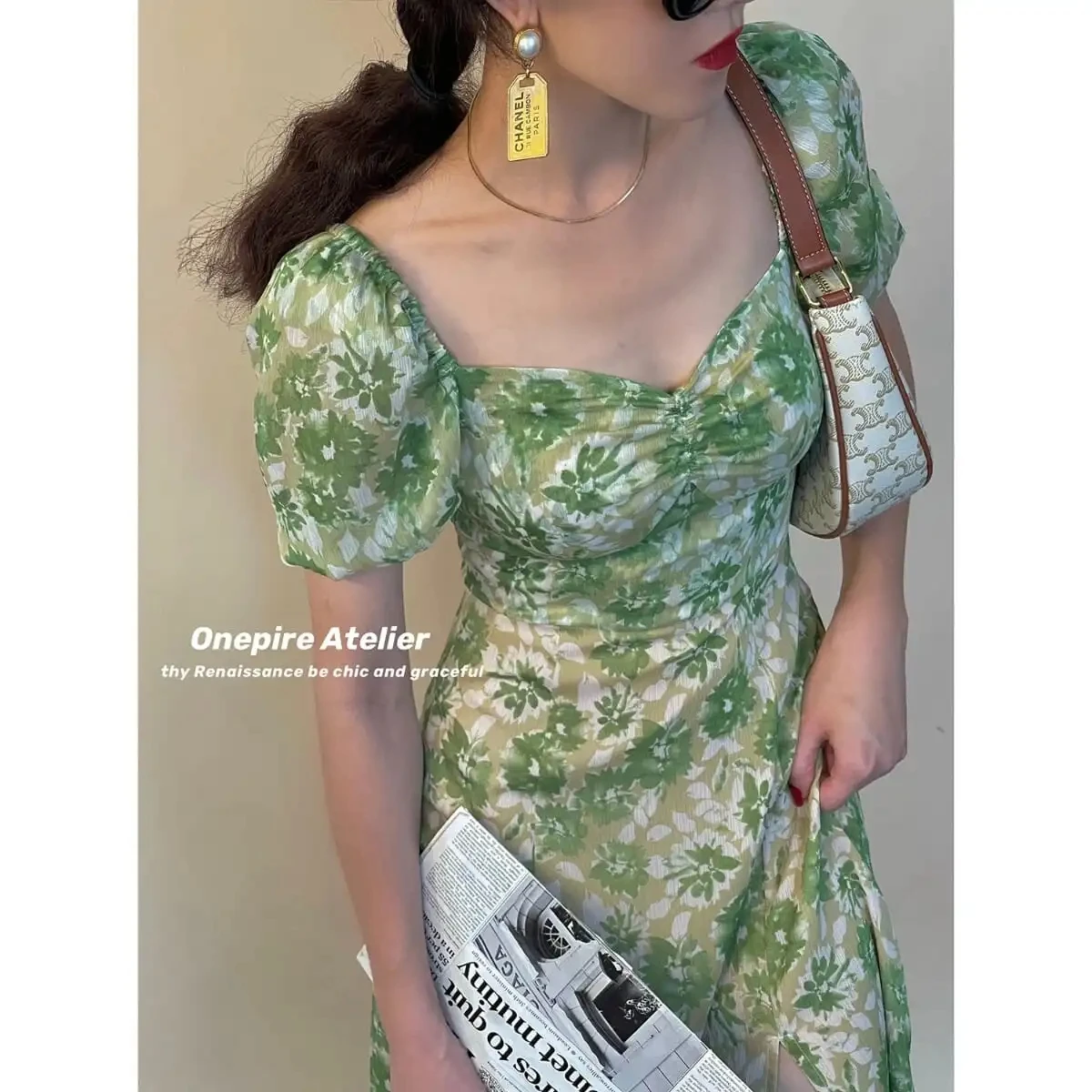 

Sweet Square Collar Ladies Green Floral Print Dress Women Cute Fashion Korean Party Puff Sleeve Summer Vintage Midi Dresses