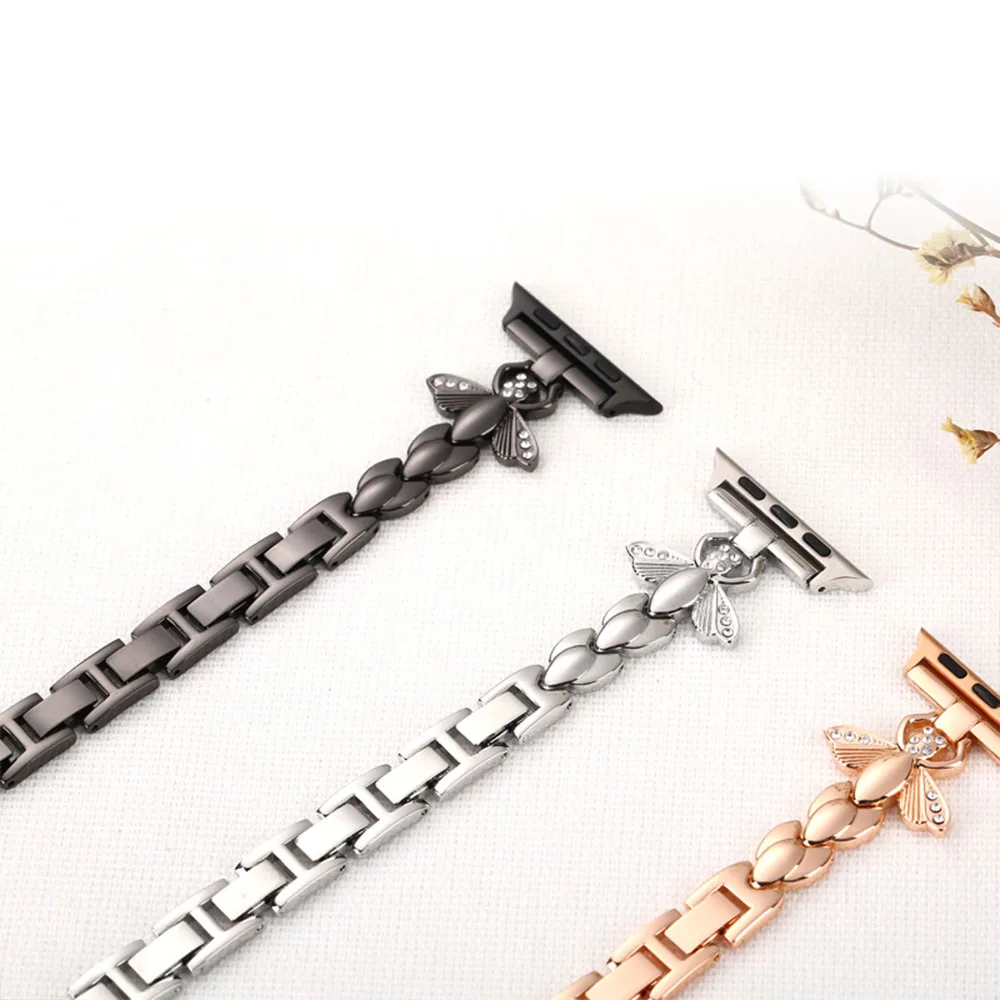 Metal Stainless Steel Strap for Apple Watch Band 8 7 45mm 41mm Bee Diamond-Set Bracelet for iWatch 6 5 4 3SE 44mm 40mm 42mm 38mm