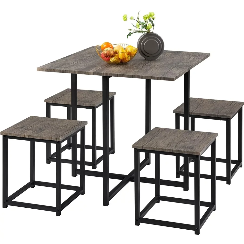 

5Pcs Dining Set with Industrial Square Table and 4 Backless Chairs, Dining Room set