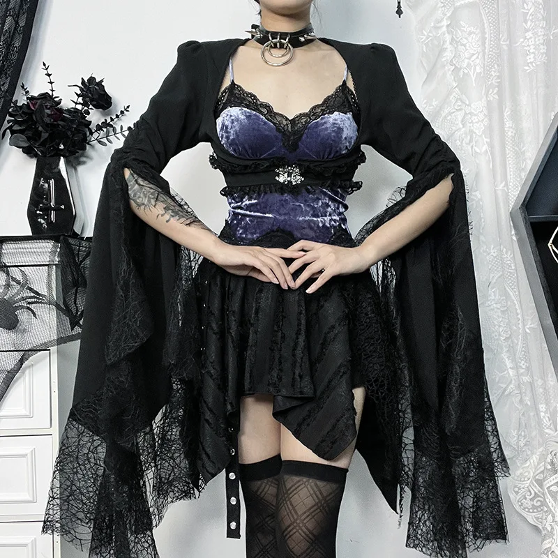 

Goth Dark Elegant Victoria Mall Gothic Crop Shrug Tops Grunge Punk Vintage Sexy Women Corset Shirts Flare Sleeve Mesh Alt Outfit