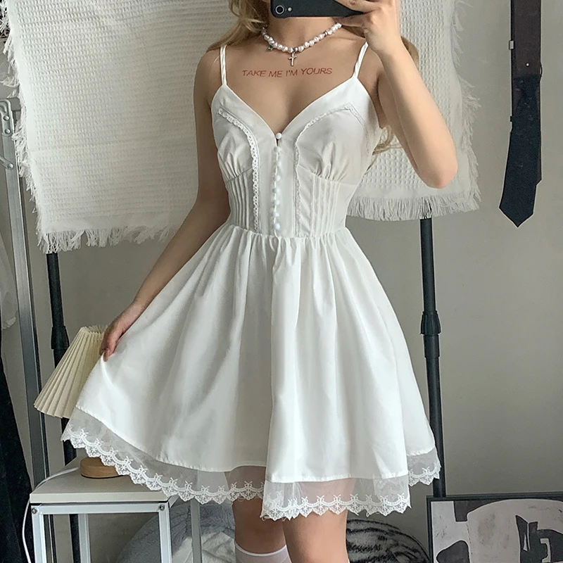 

2022 Spaghetti Strap Fairycore Dresses French Romantic Sweet Girl Sleeveless V Neck A Line Y2K Korean Dress