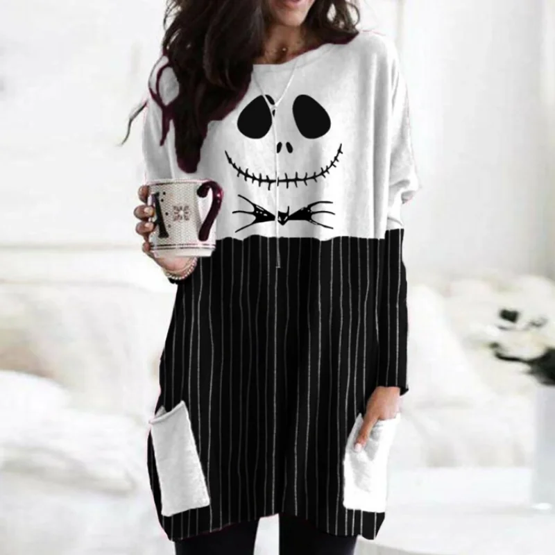 

Pumpkin Print Dress Women Halloween Long Sleeve Round Neck Vintage Casual Knit Mini Dress Ladies Pocket Loose Dresses Vestido