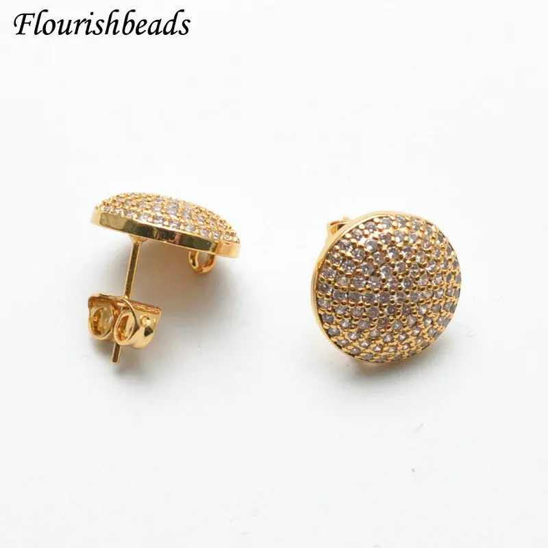 Real Gold plating CZ Zircon Paved Round Coin Shape Stud Pin Earring Findings fit Dangle Earrings making