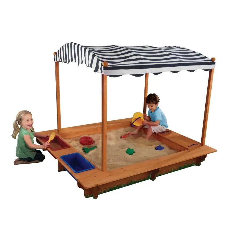 

Outdoor Covered Wooden Sandbox with Bins and Striped