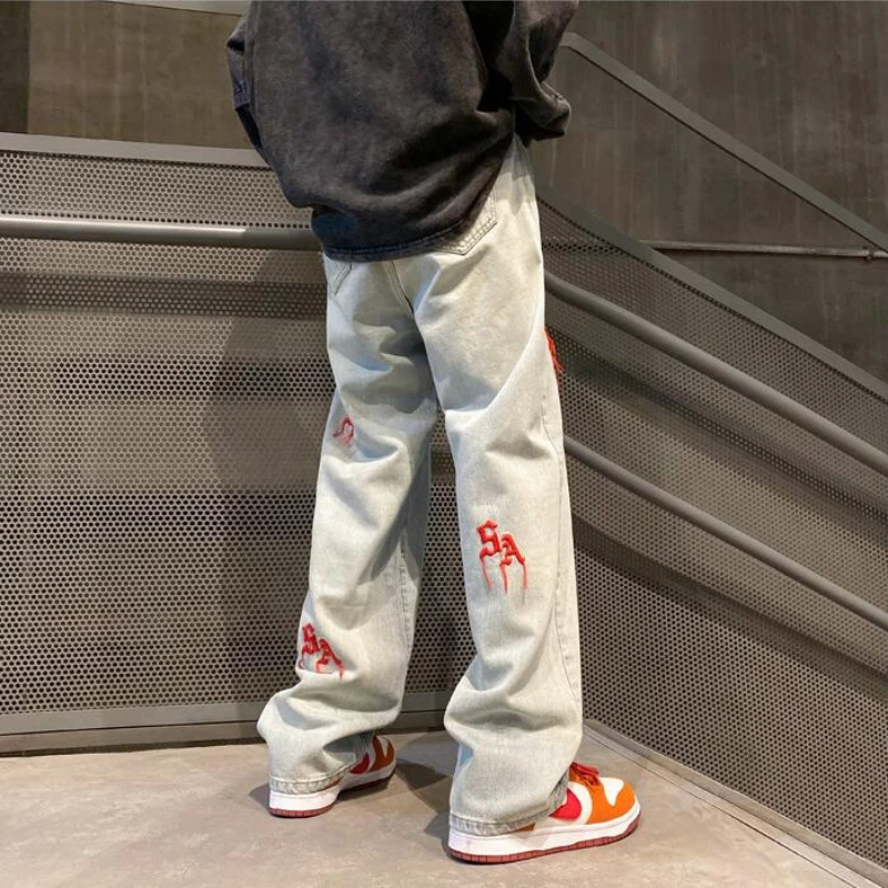 New Light Blue Embroidery Men Jeans Straight Fashion Casual Loose Trousers High Street Hip Hop Male Denim Pants