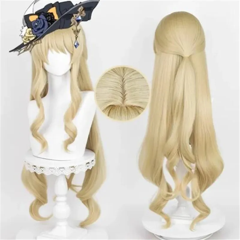 

Game Genshin Impact Navia Cosplay Wig Pale Flax Gold Long Curly Hair Heat Resistant Synthetic Halloween Party Accessories Props
