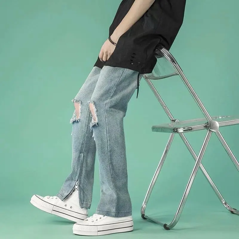 Men's Ripped Jeans Streetwear Vintage Hip Hop Jeans Men's Button Mid-Waist Split Jeans Men's Loose Denim Straight-Leg Pants