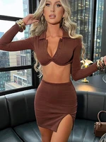 taruxy women outfits two piece set long sleeve crop tops and mini skirts 2022 autumn black knitted matching sets 2 piece clothes