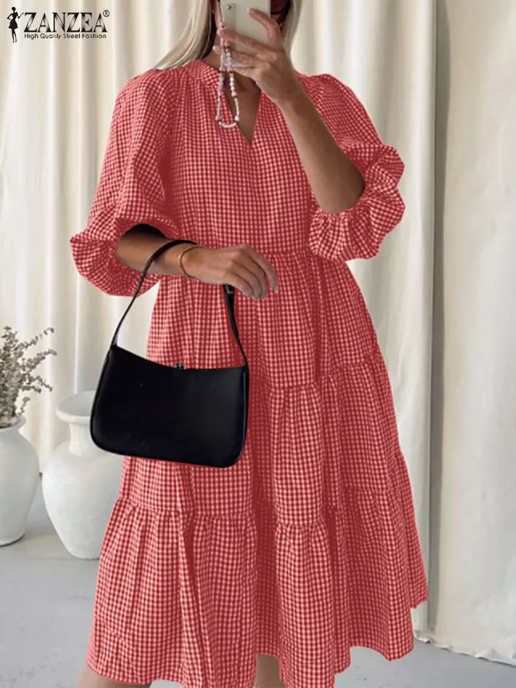 

ZANZEA Summer Elegant Dresses Holiday Sundress Bohemian Grid Plaid Printed Dress Women V-Neck Half Sleeve Midi Vestidos Ruffles