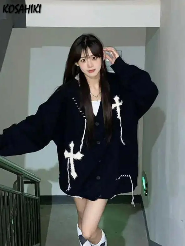 

Loose Streetwear Embroidery Cardigan Women Korean Jacquard Oversized Knitted Sweater Coat 2023 Dark Fashion Black White Knitwear