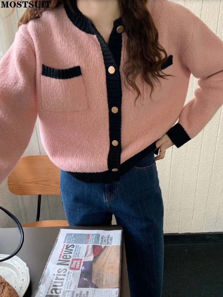 

Vintage Elegant Contrast Color Knit Cardigan Sweater 2022 Autumn Korean Fashion Ladies Tops Long Sleeve Round Neck Sweet Jumpers