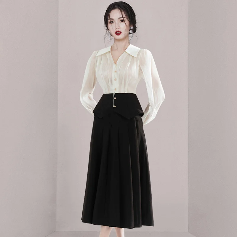 

Korea Autumn Fashion Temperament Elegant 2 Piece Set Chiffon Long Sleeve Shirt Top + High Waist Big Swing Mid Skirt Casual Women