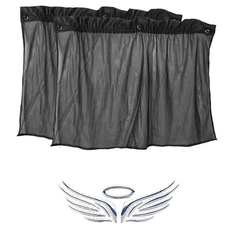 

2 Pcs Suction Cup Black Mesh Window Curtains Car Sun Shade 42 Cm X 70 Cm With 3D Angel Fairy Wings Car Auto Truck Logo