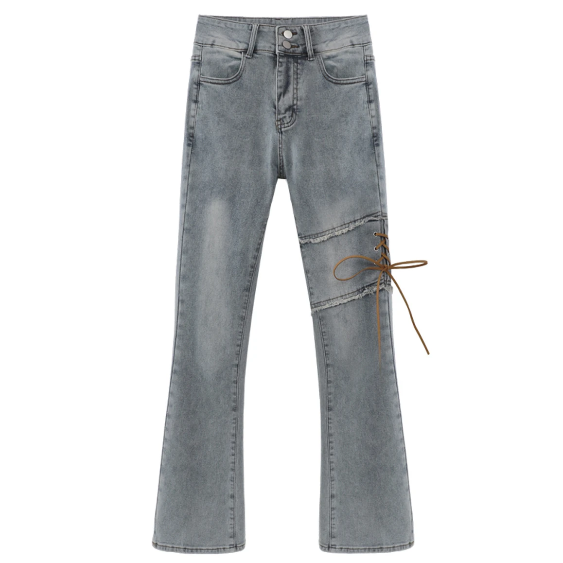 

2022 Spring Summer Women New Fashion High-waisted Strappy Micro-flare Jeans Slim Fit Straight Trousers Casual Pants