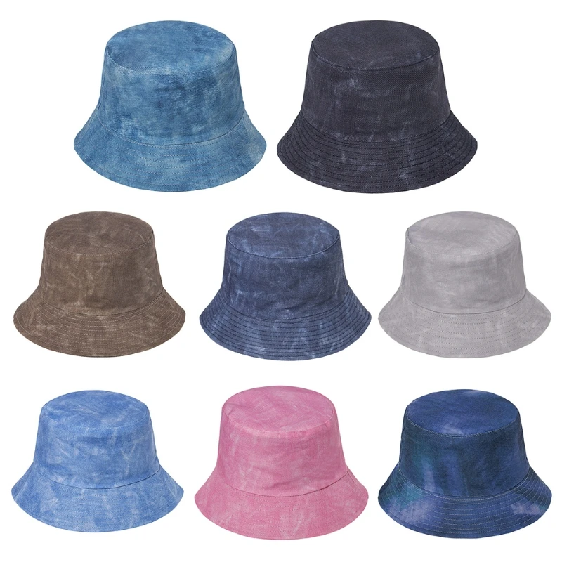 

Women Men Vintage Washed Denim Bucket Hat Harajuku Tie-Dye Print Reversible Wide Brim Sunscreen Panama Fisherman Cap
