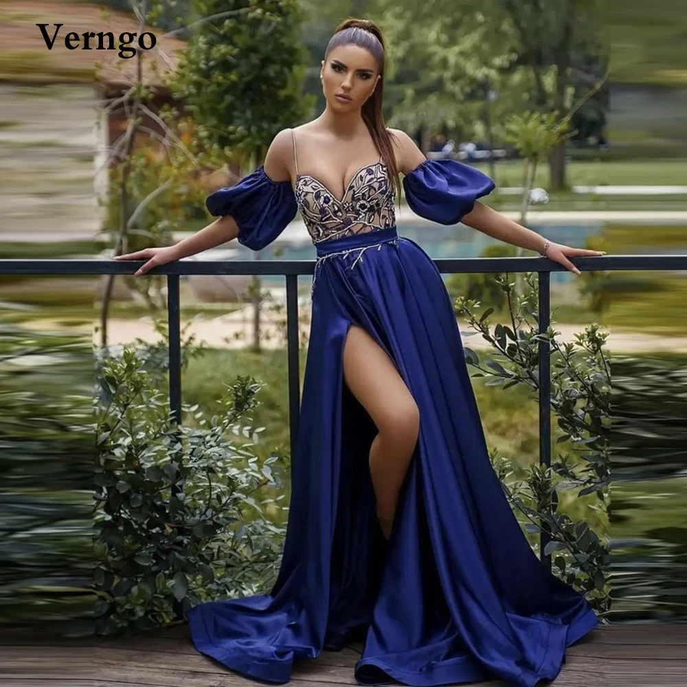 

Синее ТРАПЕЦИЕВИДНОЕ платье для выпускного вечера Verngo с цветочными бусинами, вечерние платья на бретелях-спагетти с коротким рукавом с буф...