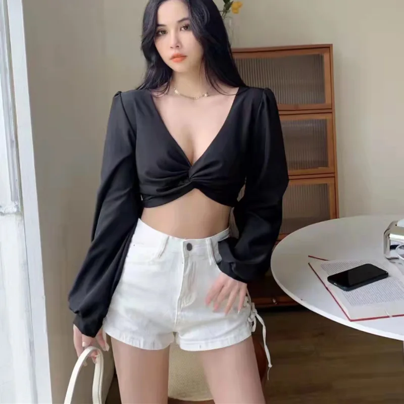 

Sexy V-neck Solid Tops Women 2022 Spring Summer New Kink Design Puff Long Sleeve Shirt Fashion Casual Slim Short Tops Pullovers
