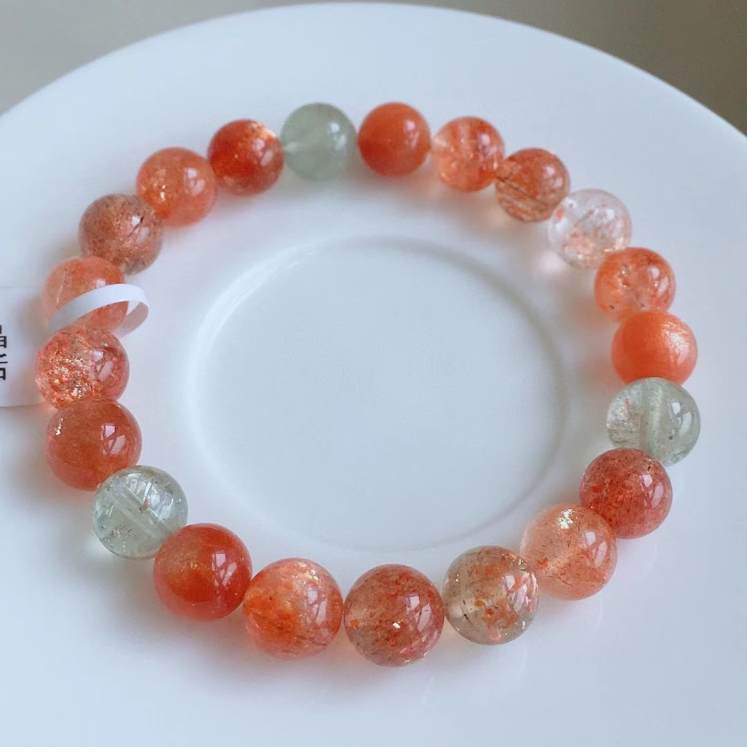 

Natural Green Arusha Orange Sunstone Strawberry Quartz Beryl Bracelet 9.1mm Clear Round Beads Women Bangle AAAAAA