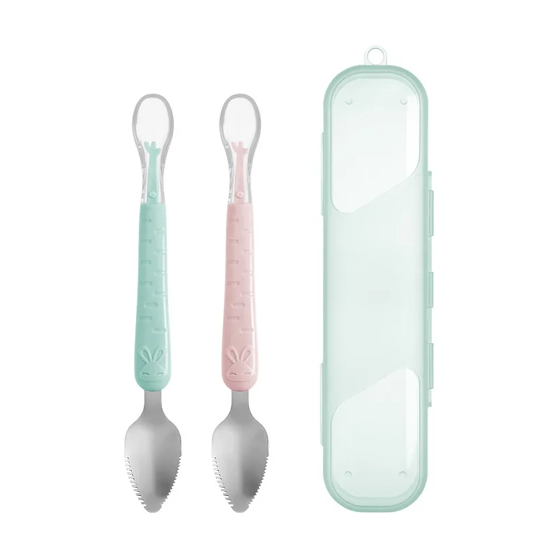 

Baby Food Feeding Spoon Stainless Steel Scraping Silicone Soft Spoon Infant Tableware Utensil With Box Children Toddler Cutlery